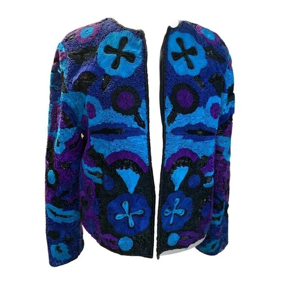 Vtg Rear Life & Style fashions Inc. 100% Pure Silk Ribbon Beaded Sequin Jacket M - Picture 12 of 13